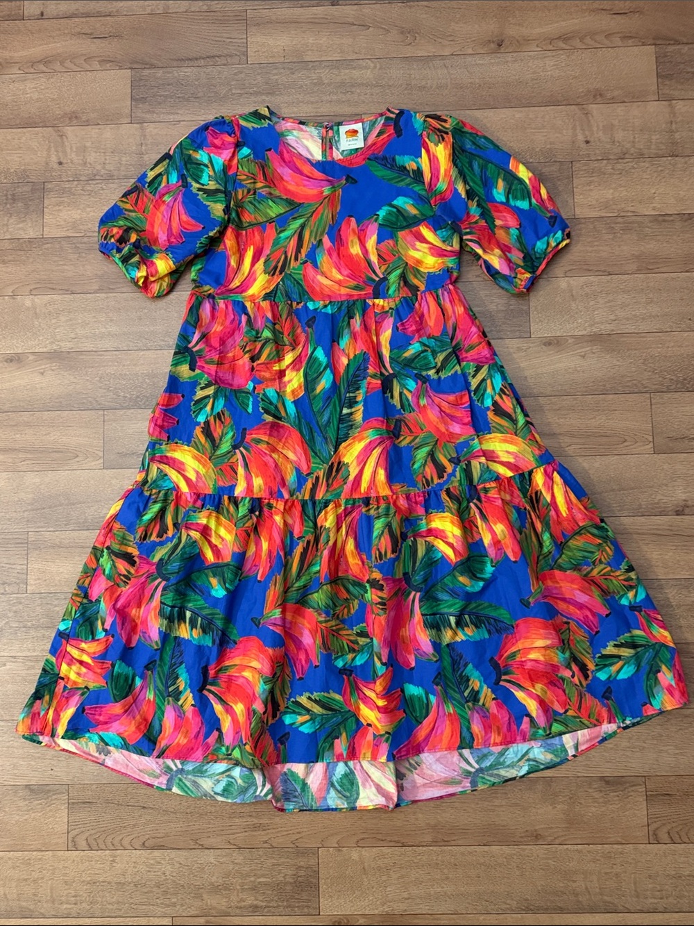 Farm Rio Size Large Banana Mix Tiered Midi Dress 100% Cotton Anthropologie Lux L